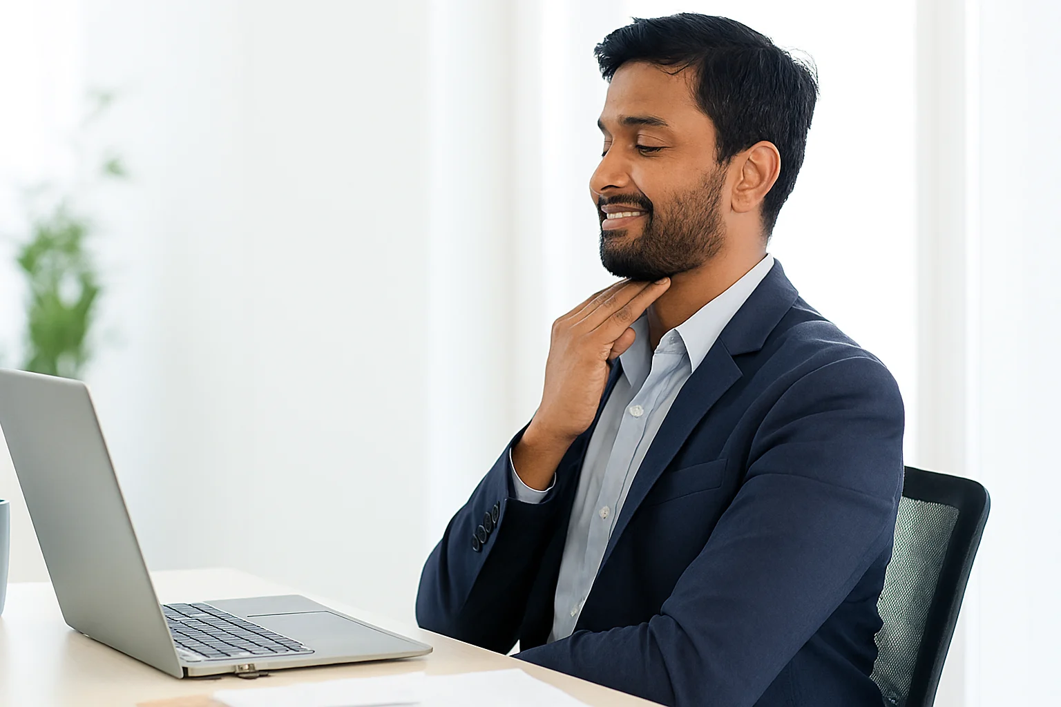 Desk worker performing neck pain exercises at office workstation to relieve tech neck