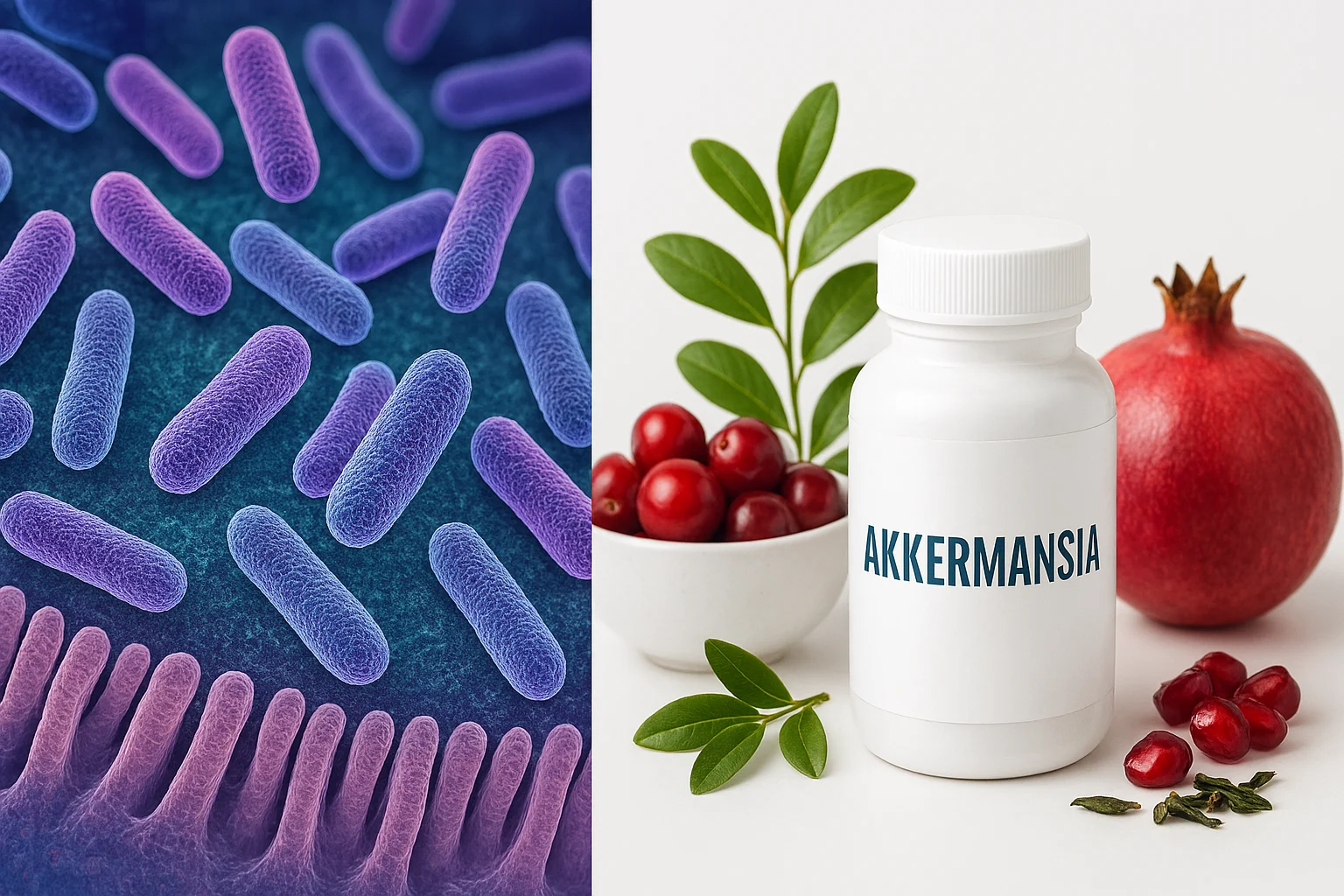 Akkermansia probiotic bacteria illustration and supplement bottle with natural food sources for gut health and weight loss support