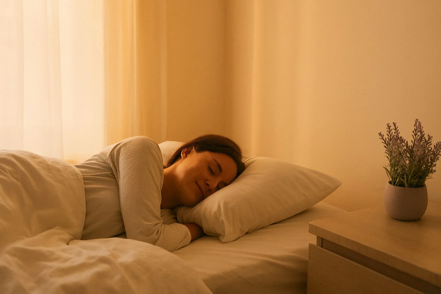 Woman peacefully sleeping in calm bedroom using natural techniques to fall asleep fast