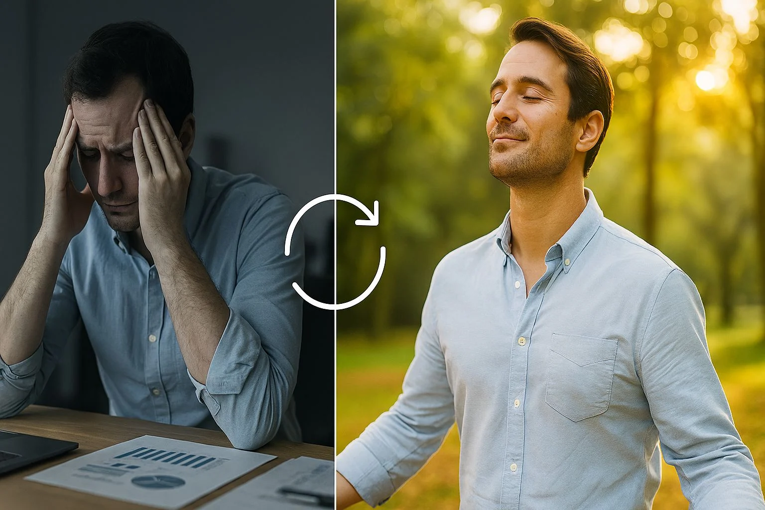 Split image showing transformation from stressed person in office to calm person in nature illustrating nervous system reset