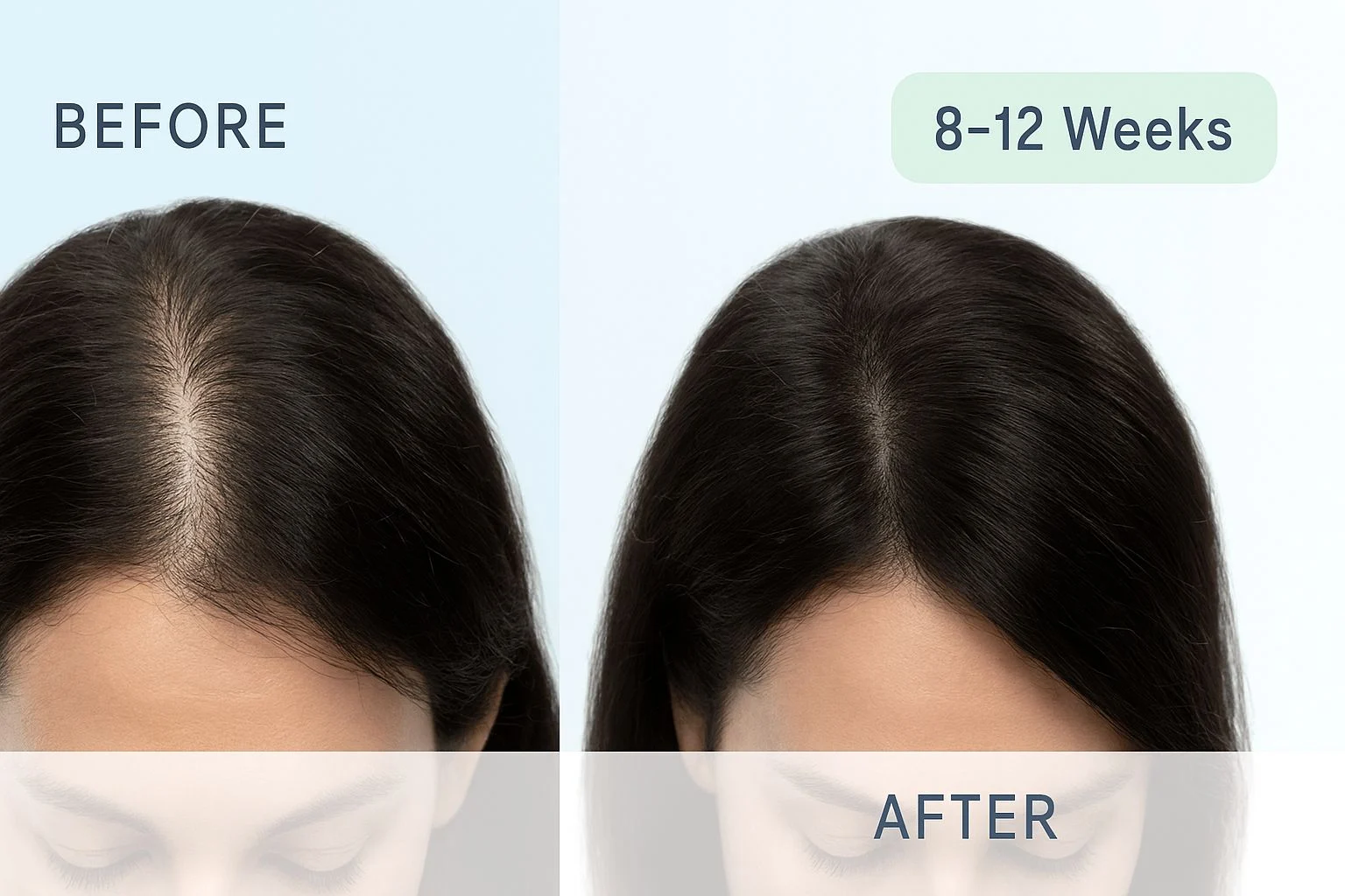 Before and after photos showing hair regrowth recovery from Ozempic-related telogen effluvium in 8-12 weeks