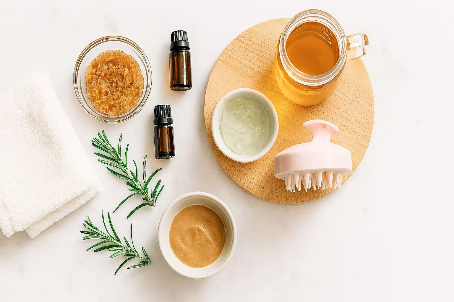 DIY head spa treatment ingredients including scalp scrub, essential oils, and massage tools arranged on marble countertop