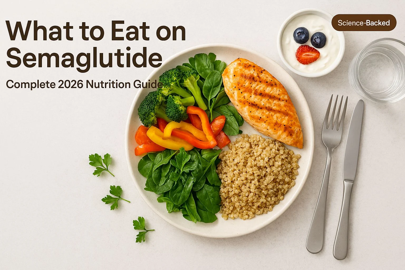 Balanced semaglutide-friendly meal plate showing lean protein, vegetables, whole grains, and Greek yogurt - what to eat on semaglutide nutrition guide