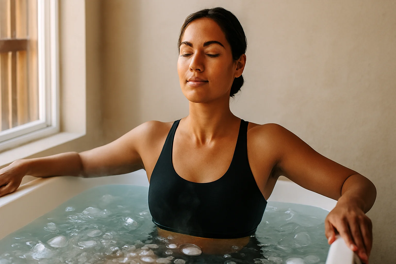 Woman practicing cold plunge therapy in ice bath for health benefits including hormonal balance and recovery